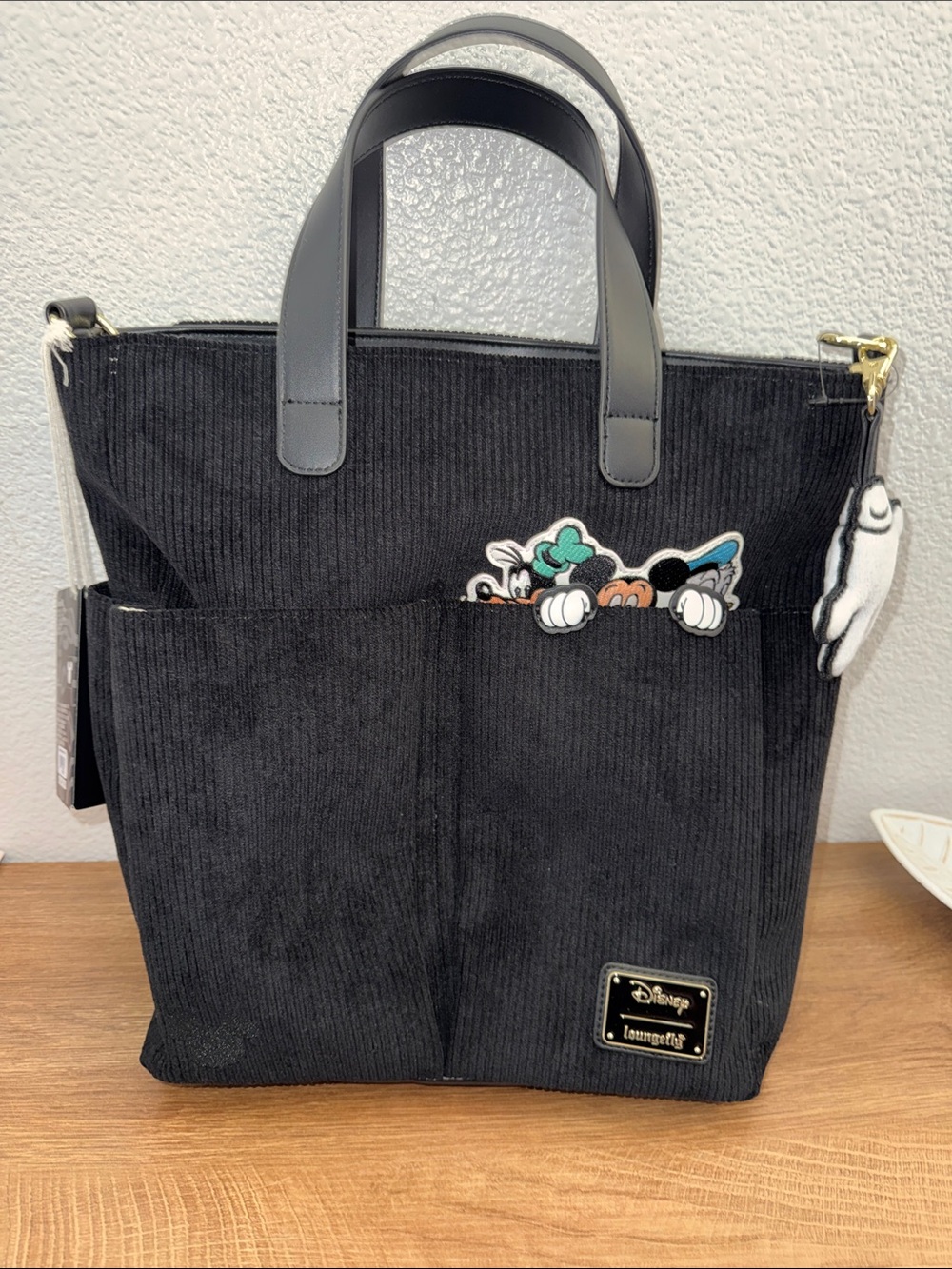 Loungefly Black Corduroy Tote with Peekaboo Disney Character Patch